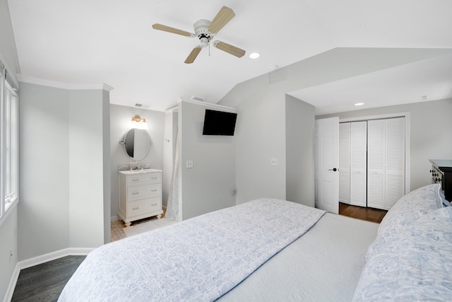268 Hattertown Rd, Monroe, CT 06468 - bedroom featuring lofted ceiling, wood finished floors, a closet, recessed lighting, and a ceiling fan