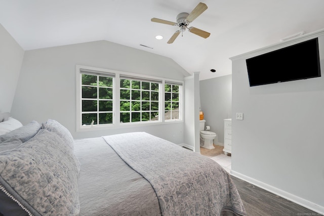 268 Hattertown Rd, Monroe, CT 06468 - bedroom featuring vaulted ceiling, wood finished floors, a ceiling fan, connected bathroom, and recessed lighting