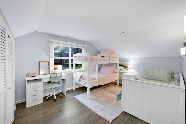 268 Hattertown Rd, Monroe, CT 06468 - bedroom with vaulted ceiling, dark wood-style flooring, and a desk