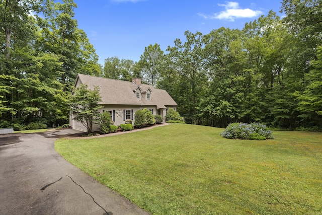 28 Hoop Pole Hill Rd, Chester, CT 06412 - cape cod home featuring driveway, a front yard, a chimney, and roof with shingles