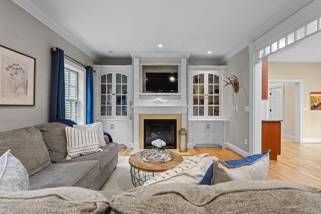 28 Hoop Pole Hill Rd, Chester, CT 06412 - living room featuring ornamental molding, light wood-type flooring, a fireplace, and recessed lighting