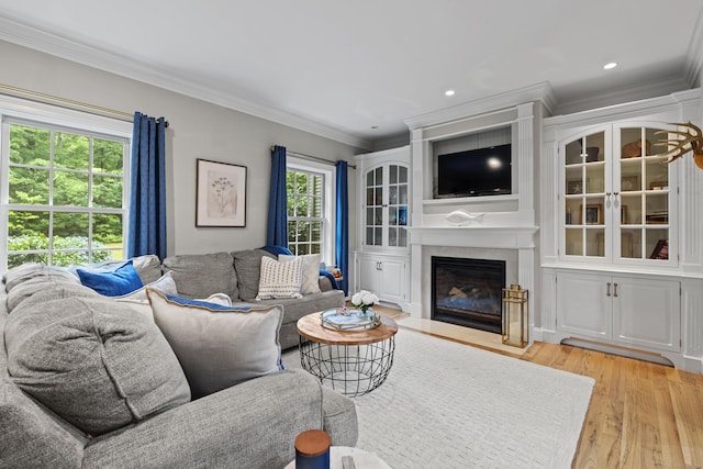 28 Hoop Pole Hill Rd, Chester, CT 06412 - living area featuring crown molding, light wood-style flooring, a fireplace, and recessed lighting
