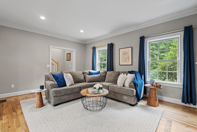 28 Hoop Pole Hill Rd, Chester, CT 06412 - living room with crown molding, stairs, recessed lighting, and light wood-type flooring