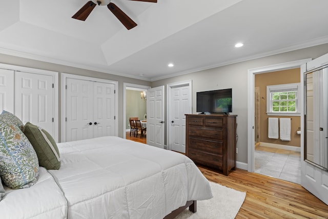28 Hoop Pole Hill Rd, Chester, CT 06412 - bedroom with multiple closets, light wood-style floors, ornamental molding, ensuite bath, and recessed lighting