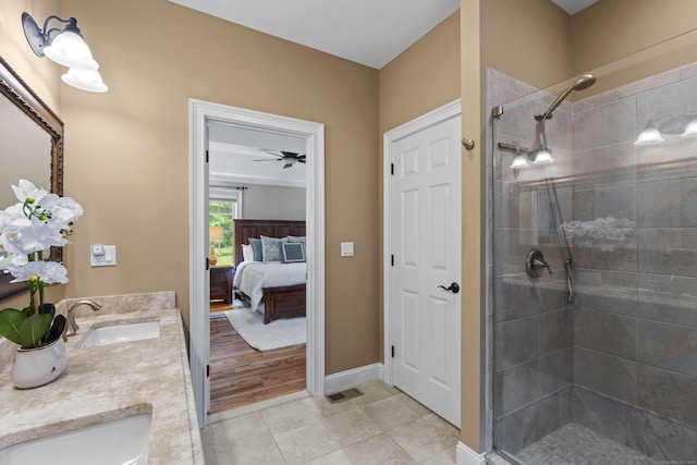 28 Hoop Pole Hill Rd, Chester, CT 06412 - full bathroom featuring ensuite bathroom, a stall shower, double vanity, and ceiling fan