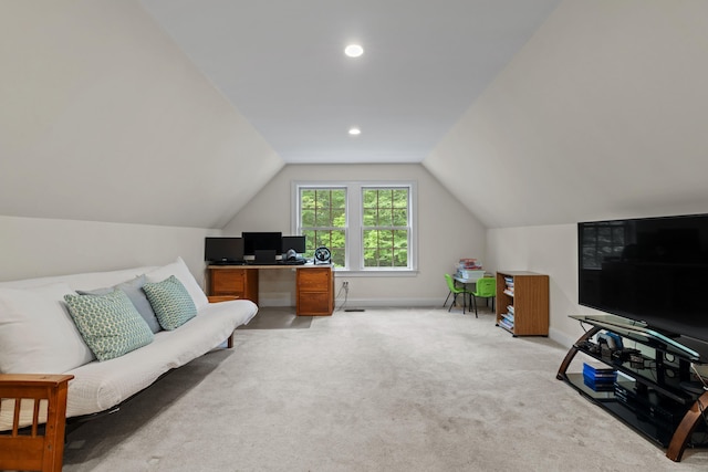 28 Hoop Pole Hill Rd, Chester, CT 06412 - office featuring light colored carpet, vaulted ceiling, and recessed lighting