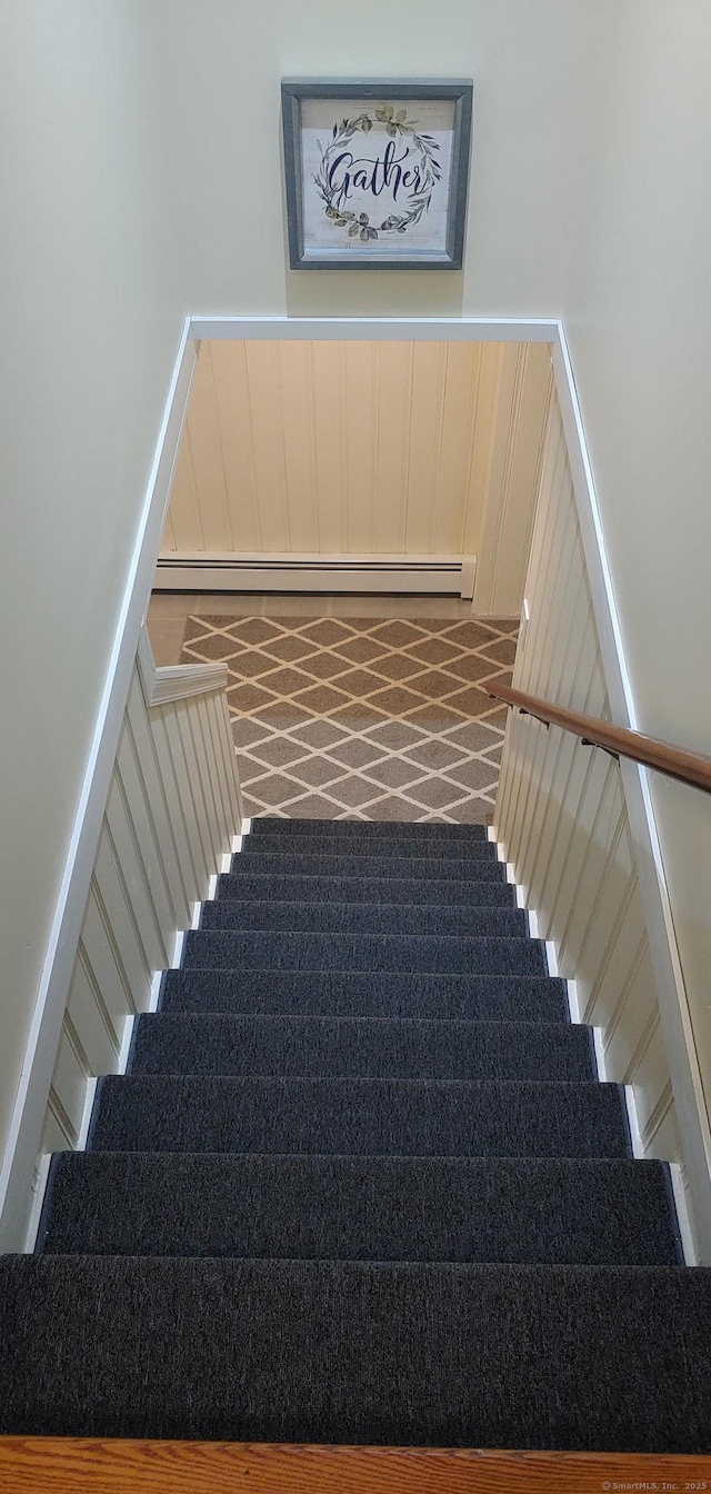 92 Sumac St, West Haven, CT 06516 - stairs featuring carpet floors and a baseboard radiator