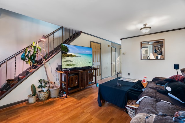 484 First Ave Unit 12, West Haven, CT 06516 - living area with stairs, wood finished floors, and crown molding