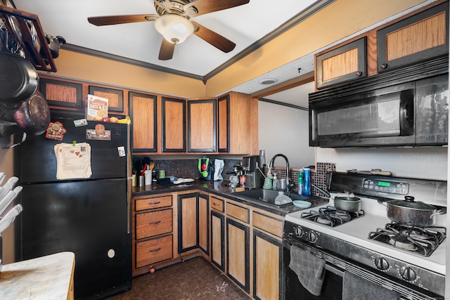 484 First Ave Unit 12, West Haven, CT 06516 - kitchen featuring black appliances, crown molding, brown cabinets, a ceiling fan, and tasteful backsplash