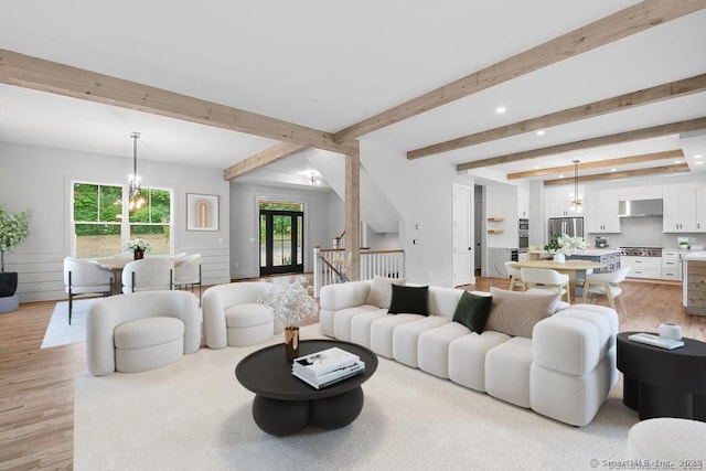 4B Vona Way, Newtown, CT 06470 - living area featuring recessed lighting, beam ceiling, healthy amount of natural light, light wood finished floors, and a chandelier