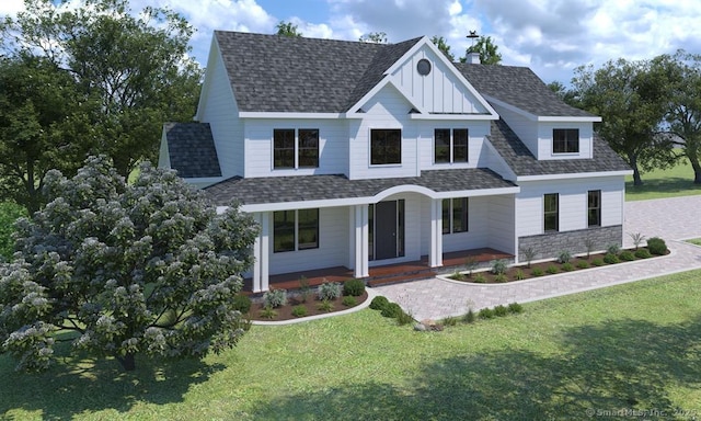 4B Vona Way, Newtown, CT 06470 - view of front of house with a chimney, covered porch, a front lawn, and a shingled roof