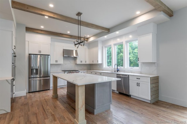 4B Vona Way, Newtown, CT 06470 - kitchen with appliances with stainless steel finishes, exhaust hood, beam ceiling, recessed lighting, and tasteful backsplash