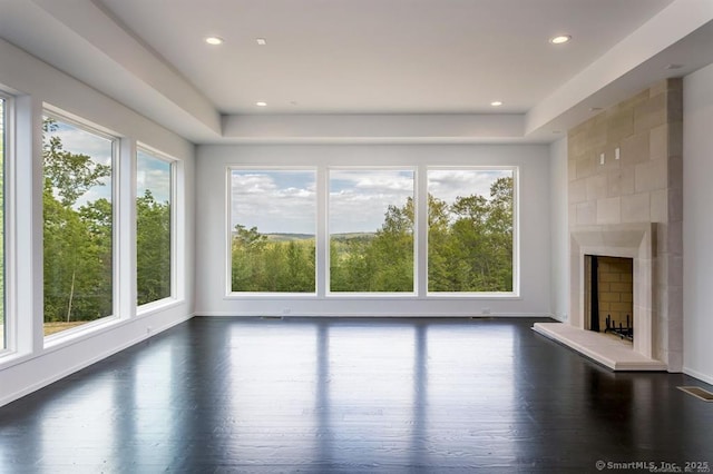 4B Vona Way, Newtown, CT 06470 - unfurnished living room with dark wood-style flooring, recessed lighting, and a large fireplace
