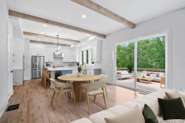 4B Vona Way, Newtown, CT 06470 - dining room with beamed ceiling, light wood-style floors, recessed lighting, and a chandelier