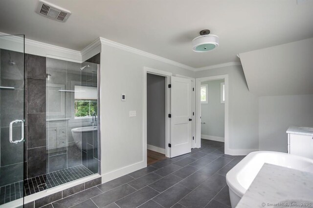 4B Vona Way, Newtown, CT 06470 - bathroom featuring a shower stall, a freestanding tub, ornamental molding, and tile patterned floors