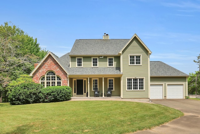 344 Oxbow Rd, Haddam, CT 06422 - traditional-style house with a chimney, covered porch, driveway, a front lawn, and roof with shingles