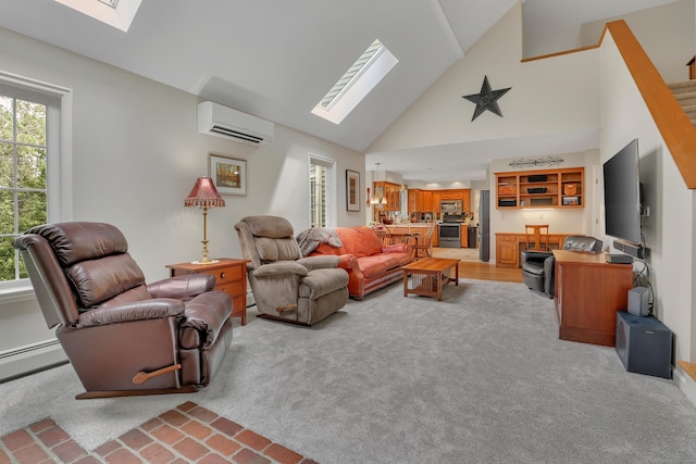 344 Oxbow Rd, Haddam, CT 06422 - living room with a skylight, a wall unit AC, plenty of natural light, light carpet, and high vaulted ceiling