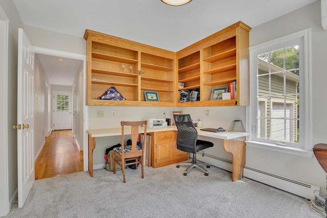 344 Oxbow Rd, Haddam, CT 06422 - office area with a baseboard radiator, light carpet, and built in desk