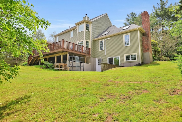 344 Oxbow Rd, Haddam, CT 06422 - back of property with a chimney, a lawn, and a wooden deck