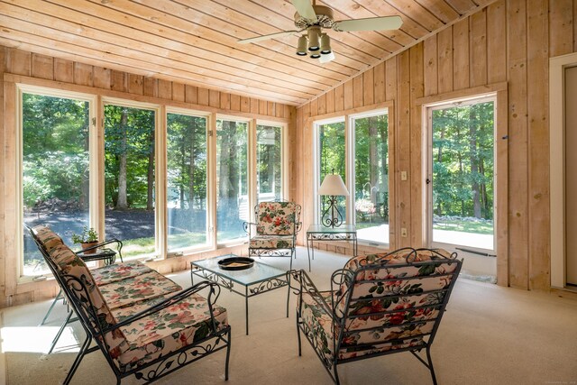 5 Billingsgate, Avon, CT 06001 - sunroom featuring vaulted ceiling, wooden ceiling, wooden walls, and carpet floors