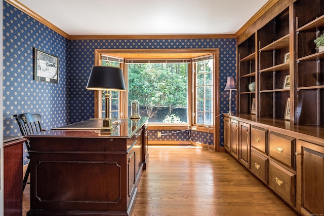 5 Billingsgate, Avon, CT 06001 - office area featuring wallpapered walls, ornamental molding, and light wood finished floors