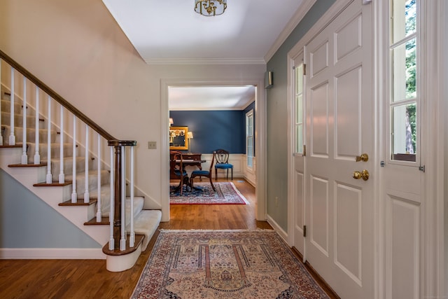 5 Billingsgate, Avon, CT 06001 - foyer featuring wood finished floors, stairs, ornamental molding, a wainscoted wall, and a decorative wall