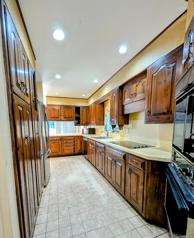 148A Westville Avenue Extension, Danbury, CT 06811 - kitchen featuring stainless steel appliances, light countertops, open shelves, recessed lighting, and light tile patterned floors