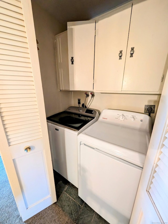 148A Westville Avenue Extension, Danbury, CT 06811 - laundry room featuring cabinet space, independent washer and dryer, and dark tile patterned flooring