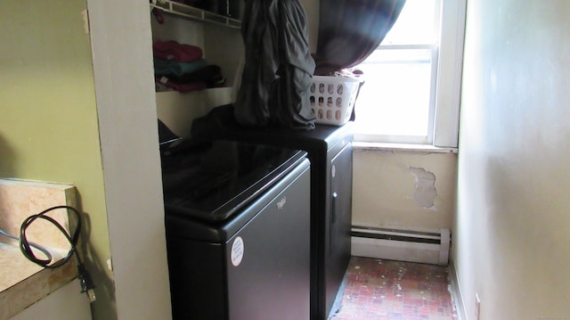 195 E Pearl St, Torrington, CT 06790 - laundry room with baseboard heating, plenty of natural light, brick patterned floors, and washing machine and clothes dryer