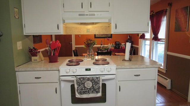 195 E Pearl St, Torrington, CT 06790 - kitchen with electric stove, under cabinet range hood, baseboard heating, light countertops, and a peninsula