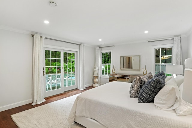 566 Hoyt St, Darien, CT 06820 - bedroom featuring ornamental molding, wood finished floors, recessed lighting, and access to outside