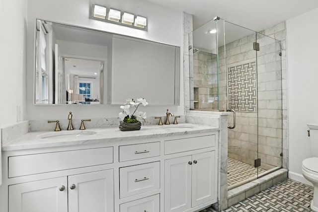 566 Hoyt St, Darien, CT 06820 - bathroom featuring a stall shower and double vanity