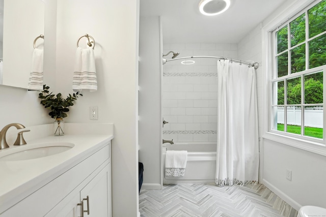 566 Hoyt St, Darien, CT 06820 - full bathroom featuring vanity, healthy amount of natural light, and shower / bath combination with curtain