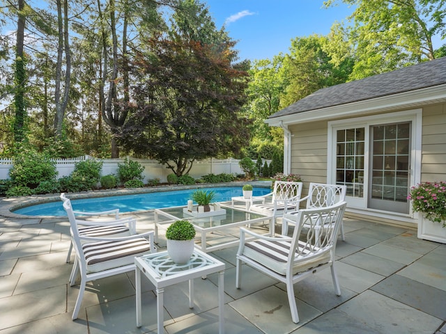 566 Hoyt St, Darien, CT 06820 - view of swimming pool with a fenced backyard and a patio
