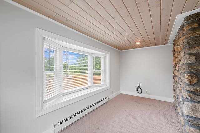 630 French St, Watertown, CT 06779 - unfurnished living room with a baseboard heating unit, wood ceiling, and carpet floors