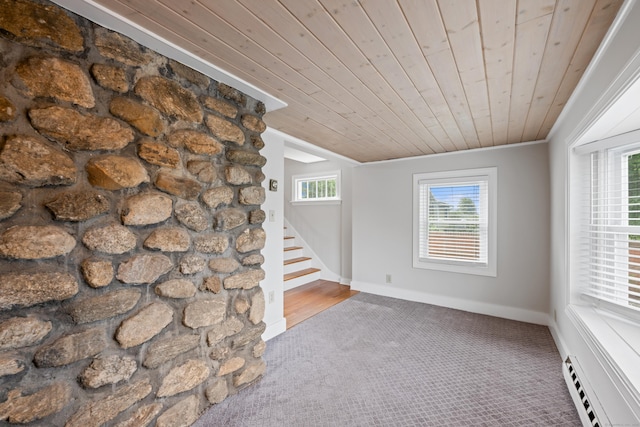 630 French St, Watertown, CT 06779 - unfurnished room featuring baseboard heating, carpet flooring, wooden ceiling, and stairway