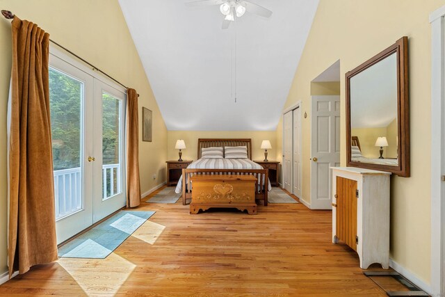 5 Hemlock Notch St, Farmington, CT 06085 - bedroom featuring access to exterior, vaulted ceiling, light wood finished floors, french doors, and a ceiling fan