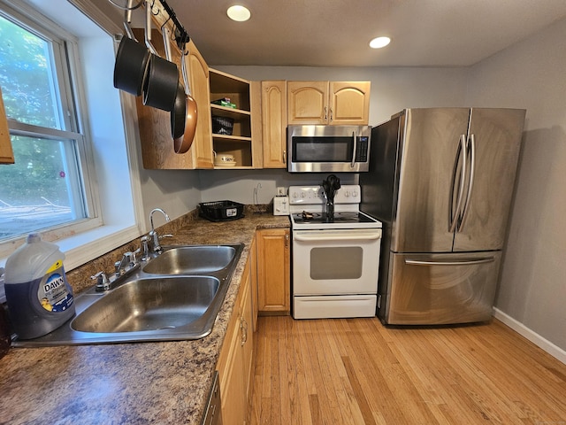 15 Clark Hill Rd, Prospect, CT 06712 - kitchen featuring stainless steel appliances, light brown cabinetry, light wood-style flooring, open shelves, and dark countertops