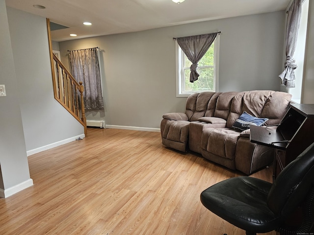 15 Clark Hill Rd, Prospect, CT 06712 - living room with stairway, light wood-type flooring, a baseboard radiator, and recessed lighting