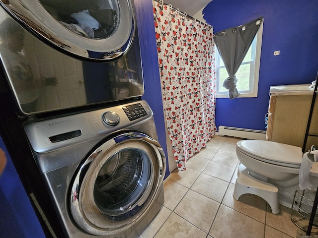 15 Clark Hill Rd, Prospect, CT 06712 - laundry room featuring stacked washer / dryer, a baseboard heating unit, and tile patterned floors