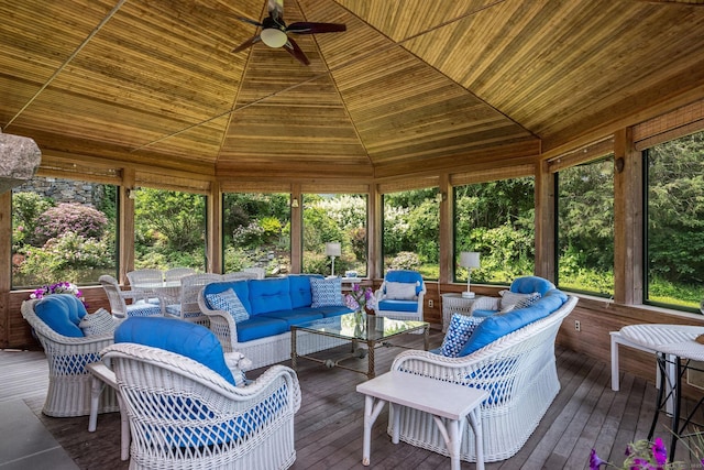 77 E Wharf Rd, Madison, CT 06443 - sunroom / solarium with vaulted ceiling, an outdoor living space, a ceiling fan, and outdoor dining space