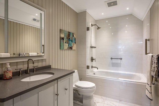 77 E Wharf Rd, Madison, CT 06443 - bathroom featuring tiled shower / bath, vanity, and marble look tile flooring
