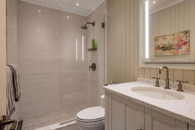 77 E Wharf Rd, Madison, CT 06443 - bathroom with a walk in shower, vanity, and ornamental molding