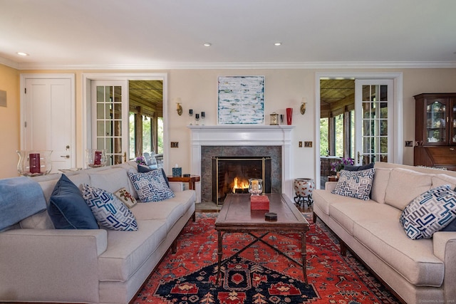 77 E Wharf Rd, Madison, CT 06443 - living area featuring ornamental molding, a fireplace, plenty of natural light, and recessed lighting