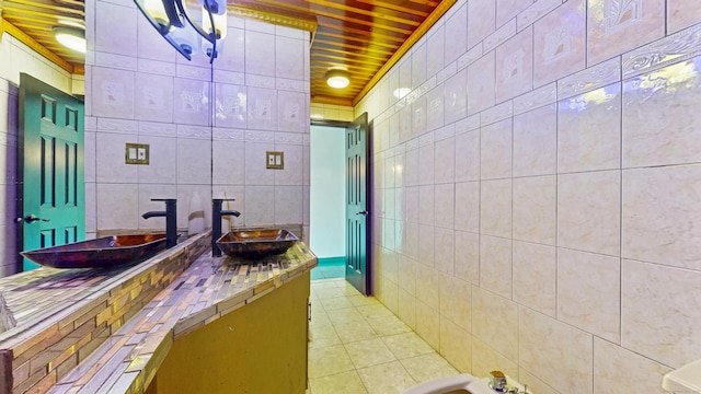 167 George St, Hartford, CT 06114 - bathroom with tile walls, tile patterned flooring, vanity, and wood ceiling