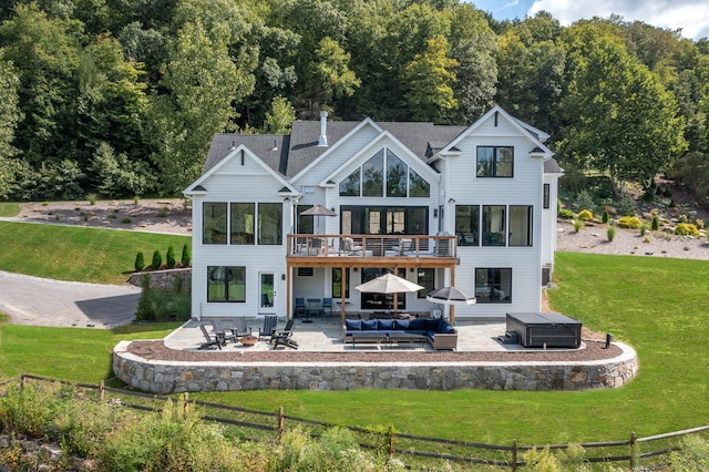 103 Chalybes Rd W, Roxbury, CT 06783 - rear view of house featuring an outdoor living space with a fire pit, a patio, a lawn, a jacuzzi, and a wooden deck