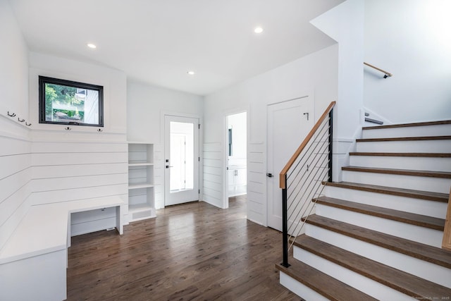 103 Chalybes Rd W, Roxbury, CT 06783 - entrance foyer featuring dark wood-type flooring, stairway, and recessed lighting