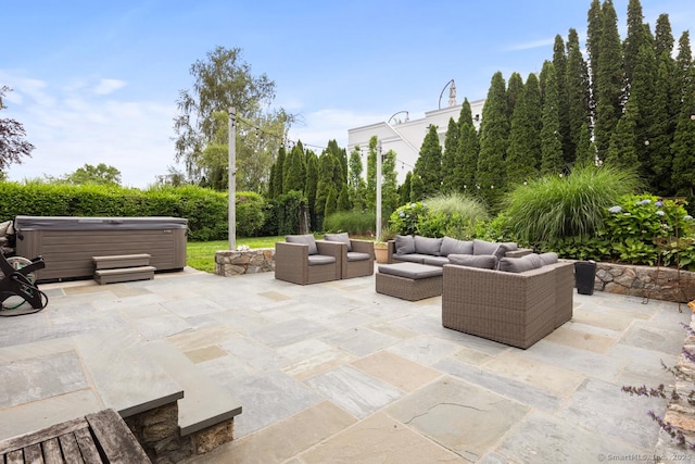 19 Sherwood Dr, Westport, CT 06880 - view of patio / terrace with a hot tub and an outdoor hangout area