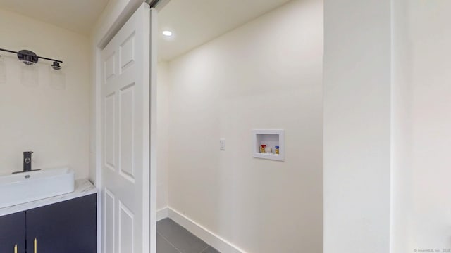 101 Parade Hill Rd, New Canaan, CT 06840 - laundry area featuring hookup for a washing machine, tile patterned floors, and recessed lighting
