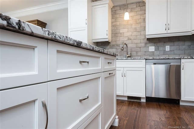 120 Yorkshire Ct Unit 120, Farmington, CT 06032 - kitchen featuring dishwasher, light stone counters, decorative backsplash, white cabinetry, and ornamental molding